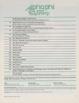 Alpha Phi Quarterly, Vol. CIII, No. 2, Spring 1991 Table of Contents