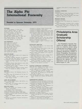 The Alpha Phi International Fraternity Directory, Spring 1991. Philadelphia Area Graduate Scholarship Offered