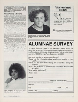 Bear Tracks: Southern Illinois, Spring 1991, Continued. Bear Tracks: Wisconsin (LaCrosse), Spring 1991, Continued. Bear Tracks: Wisconsin (Madison), Spring 1991. American Heart Association Advertisement 1, Spring 1991. Alumnae Survey, Spring 1991