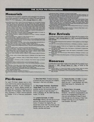 The Alpha Phi Foundation: Memorials, Summer 1991. The Alpha Phi Foundation: New Arrivals, Summer 1991. The Alpha Phi Foundation: Honorees, Summer 1991. The Alpha Phi Foundation: Phi-Grams, Summer 1991