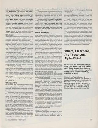 Bear Tracks: Texas Tech, Summer 1991, Continued. Bear Tracks: Texas A&M, Summer 1991. Bear Tracks: Texas (Austin), Summer 1991. Bear Tracks: Washburn (Kans.), Summer 1991. Bear Tracks: Washington (St. Louis), Mo., Summer 1991. Bear Tracks: Wichita (Kans.), Summer 1991. Where, Oh Where, Are These Lost Alpha Phis?