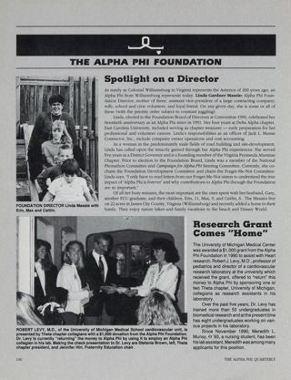 The Alpha Phi Foundation: Spotlight on a Director, Summer 1991. The Alpha Phi Foundation: Research Grant Comes "Home"