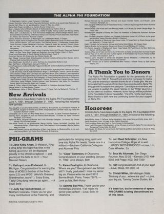 The Alpha Phi Foundation: Memorials, Winter 1992, Continued. The Alpha Phi Foundation: New Arrivals, Winter 1992. The Alpha Phi Foundation: A Thank You to Donors, Winter 1992. The Alpha Phi Foundation: Honorees, Winter 1992. The Alpha Phi Foundation: Phi-Grams, Winter 1992