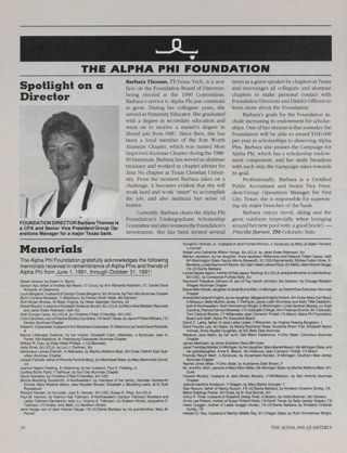 The Alpha Phi Foundation: Spotlight on a Director, Winter 1992. The Alpha Phi Foundation: Memorials, Winter 1992