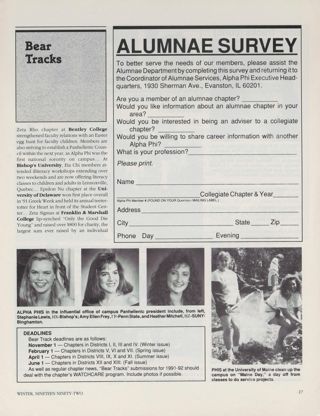 Bear Tracks, Winter 1992. Alumnae Survey, Winter 1992