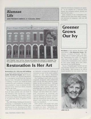 Alumnae Life: Restoration Is Her Art. Greener Grows Our Ivy, Fall 1992