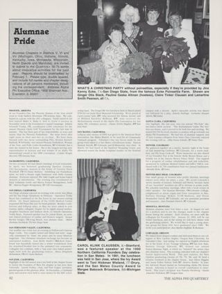 Alumnae Pride: Phoenix, Arizona, Fall 1992. Alumnae Pride: Sacramento, California, Fall 1992. Alumnae Pride: San Diego, California, Fall 1992. Alumnae Pride: San Fernando Valley, California, Fall 1992. Alumnae Pride: San Jose, California, Fall 1992. Black, Altman, Clausen, and Pearson at Christmas Party Photograph, Fall 1992. Alumnae Pride: San Mateo, California, Fall 1992. Alumnae Pride: Santa Clara, California, Fall 1992. Alumnae Pride: Denver, Colorado, Fall 1992. Alumnae Pride: Denver Mile High, Colorado, Fall 1992. Alumnae Pride: Missoula, Montana, Fall 1992. Alumnae Pride: Corvallis, Oregon, Fall 1992