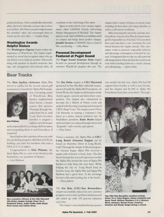 On Campus: WatchCare: Oregon Alpha Phis Win GAMMA Award, Continued. On Campus: WatchCare: Washington Awards Helpful Sisters. On Campus: WatchCare: Personal Development Featured at Puget Sound. On Campus: Bear Tracks: Arizona, Fall 1993. On Campus: Bear Tracks: CSU/Hayward, Fall 1993. On Campus: Bear Tracks: CSU/Long Beach, Fall 1993. On Campus: Bear Tracks: CSU/San Bernardino, Fall 1993