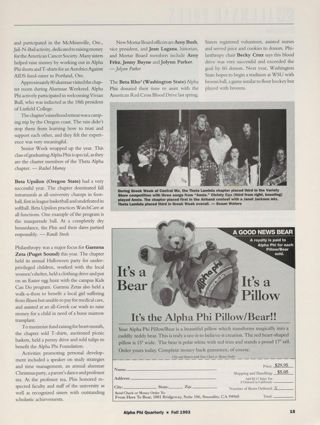 On Campus: Bear Tracks: Linfield, Fall 1993, Continued. On Campus: Bear Tracks: Oregon State, Fall 1993. On Campus: Bear Tracks: Puget Sound, Fall 1993. On Campus: Bear Tracks: Washington State, Fall 1993. Theta Lambda Chapter in Variety Show Photograph, Fall 1993. Alpha Phi Pillow/Bear Advertisement, Fall 1993