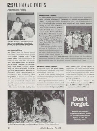 Alumnae Focus: Alumnae Pride: Tucson, Arizona, Fall 1993. Alumnae Focus: Alumnae Pride: Hayward, California, Fall 1993. Alumnae Focus: Alumnae Pride: Sacramento, California, Fall 1993. Alumnae Focus: Alumnae Pride: Saddleback Valley of Orange County, Calif., Fall 1993. Alumnae Focus: Alumnae Pride: San Diego, California, Fall 1993. Alumnae Focus: Alumnae Pride: San Mateo County, California, Fall 1993