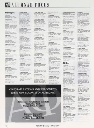 Alumnae Focus: Marriages, Winter 1994. Congratulations and Welcome to These New Colonies of Alpha Phi, Winter 1994. Alumnae Focus: Births, Winter 1994