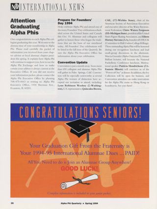 Alpha Phi International News: Attention Graduating Alpha Phis. Alpha Phi International News: Prepare for Founders' Day 1994. Alpha Phi International News: Convention Update. Congratulations Seniors!
