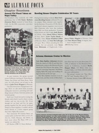 Alumnae Focus: Chapter Reunions: Annual Phi Phest Takes on Napa Valley. Alumnae Focus: Chapter Reunions: Bowling Green Chapter Celebrates 50 Years. Alumnae Focus: Chapter Reunions: Arizona Alumnae Cruise to Mexico