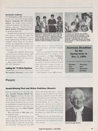 Alumnae Focus: Alumnae Pride: Sacramento, California, Fall 1994. San Diego Area Alumnae Making Wreaths Photograph, Fall 1994. Alumnae Focus: Alumnae Pride: Calling All '74 Beta Epsilons. Alumnae Focus: People: Award-Winning Poet and Author Publishes Memoirs