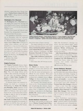 Alumnae Focus: Alumnae Pride: Princeton, New Jersey, Winter 1995, Continued. Alumnae Focus: Alumnae Pride: Washington, D.C./Maryland, Winter 1995. Alumnae Focus: Alumnae Pride: Virginia Peninsula, Winter 1995. Alumnae Focus: Alumnae Pride: Miami, Florida, Winter 1995. Alumnae Focus: Alumnae Pride: Greater Hartford, Winter 1995. Alumnae Focus: Alumnae Pride: Greater Baltimore, Maryland, Winter 1995