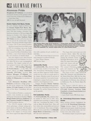 Alumnae Focus: Alumnae Pride: Greater Baltimore, Maryland, Winter 1995, Continued. Alumnae Focus: Alumnae Pride: Greater Naples/Fort Myers, Florida, Winter 1995. Alumnae Focus: Alumnae Pride: Jacksonville, Florida, Winter 1995. Alumnae Focus: Alumnae Pride: Fort Lauderdale, Florida, Winter 1995. Alumnae Focus: Alumnae Pride: St. Petersburg-Clearwater-Tampa, Florida, Winter 1995