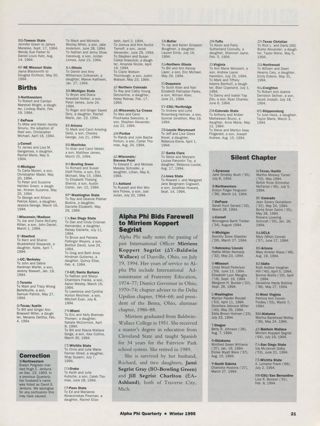 Alumnae Focus: Marriages, Winter 1995, Continued. Alumnae Focus: Births, Winter 1995. Alpha Phi Bids Farewell to Mirriem Koppert Segrist. Alumnae Focus: Silent Chapter, Winter 1995