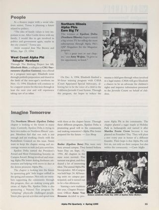 On Campus: People: Teresa Araco Changes the Policies Affecting Off-Campus Students and Sorority Women, Continued. On Campus: People: West Coast Alpha Phi 'Adopts' Newborn. On Campus: People: Northern Illinois Alpha Phis Earn Big TV. On Campus: Imagine Tomorrow: Northern Illinois, Spring 1995. On Campus: Imagine Tomorrow: Butler, Spring 1995
