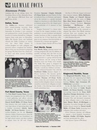 Alumnae Focus: Alumnae Pride: Bryan-College Station, Texas, Summer 1995, Continued. Alumnae Focus: Alumnae Pride: Dallas, Texas, Summer 1995. Alumnae Focus: Alumnae Pride: Fort Bend County, Texas, Summer 1995. Alumnae Focus: Alumnae Pride: Fort Worth, Texas, Summer 1995. Alumnae Focus: Alumnae Pride: Kingwood/Humble, Texas, Summer 1995