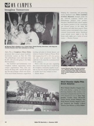 On Campus: Imagine Tomorrow: NE Missouri State, Summer 1995, Continued. On Campus: Imagine Tomorrow: Creighton, Summer 1995. On Campus: Imagine Tomorrow: Central Missouri, Summer 1995. On Campus: Imagine Tomorrow: West Chester Alpha Phis Greet American. On Campus: West Chester Alpha Phis Greet America