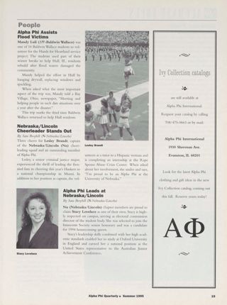 On Campus: People: Alpha Phi Assists Flood Victims. On Campus: People: Nebraska/Lincoln Cheerleader Stands Out. On Campus: People: Alpha Phi Leads at Nebraska/Lincoln. Ivy Collection Catalog Advertisement, Summer 1995