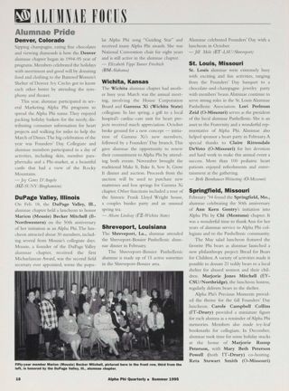 Alumnae Focus: Alumnae Pride: Denver, Colorado, Summer 1995. Alumnae Focus: Alumnae Pride: DuPage Valley, Illinois, Summer 1995. Alumnae Focus: Alumnae Pride: Wichita, Kansas, Summer 1995. Alumnae Focus: Alumnae Pride: Shreveport, Louisiana, Summer 1995. Alumnae Focus: Alumnae Pride: St. Louis, Missouri, Summer 1995. Alumnae Focus: Alumnae Pride: Springfield, Missouri, Summer 1995