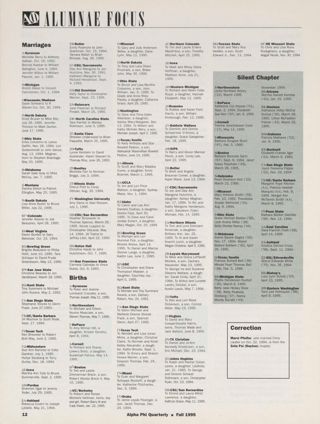 Alumnae Focus: Marriages, Fall 1995. Alumnae Focus: Births, Fall 1995. Alumnae Focus: Silent Chapter, Fall 1995. Correction, Fall 1995