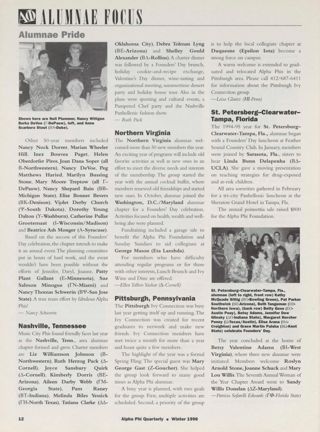 Alumnae Focus: Alumnae Pride: Naples-Fort Myers, Florida, Winter 1996, Continued. Alumnae Focus: Alumnae Pride: Nashville, Tennessee, Winter 1996. Alumnae Focus: Alumnae Pride: Northern Virginia, Winter 1996. Alumnae Focus: Alumnae Pride: Pittsburgh, Pennsylvania, Winter 1996. Alumnae Focus: Alumnae Pride: St. Petersburg-Clearwater-Tampa, Florida, Winter 1996