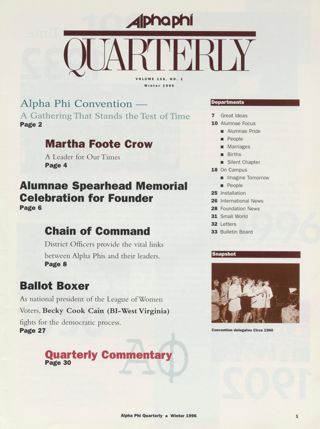 Alpha Phi Quarterly, Vol. 108, No. 1, Winter 1996 Table of Contents