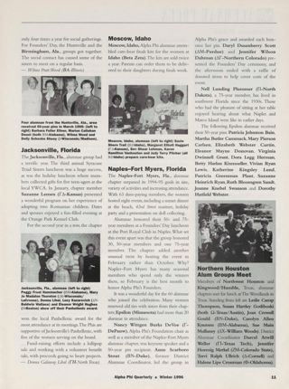 Alumnae Focus: Alumnae Pride: Huntsville, Alabama, Winter 1996, Continued. Alumnae Focus: Alumnae Pride: Jacksonville, Florida, Winter 1996. Alumnae Focus: Alumnae Pride: Moscow, Idaho, Winter 1996. Alumnae Focus: Alumnae Pride: Naples-Fort Myers, Florida, Winter 1996. Alumnae Focus: Alumnae Pride: Northern Houston Alum Groups Meet