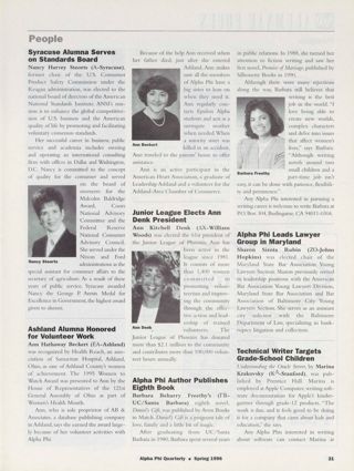 Alumnae Focus: People: Syracuse Alumnae Serves on Standards Board. Alumnae Focus: People: Ashland Alumna Honored for Volunteer Work. Alumnae Focus: People: Junior League Elects Ann Denk President. Alumnae Focus: People: Alpha Phi Author Publishes Eighth Book. Alumnae Focus: People: Alpha Phi Leads Lawyer Group in Maryland. Alumnae Focus: People: Technical Writer Targets Grade-School Children
