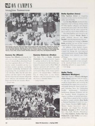 On Campus: Imagine Tomorrow: Beta Omega (Kent State), Spring 1996, Continued. On Campus: Imagine Tomorrow: Gamma Nu (Miami), Spring 1996. On Campus: Imagine Tomorrow: Gamma Omicron (Drake), Spring 1996. On Campus: Imagine Tomorrow: Delta Epsilon (Iowa), Spring 1996. On Campus: Imagine Tomorrow: Delta Theta (Western Michigan), Spring 1996