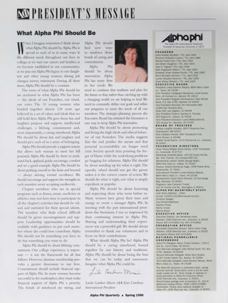 President's Message: What Alpha Phi Should Be. Alpha Phi International Fraternity Directory, Spring 1996