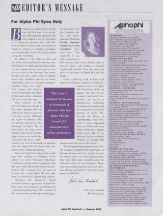 Editor' Message: For Alpha Phi Eyes Only. Alpha Phi International Fraternity Directory, Summer 1996