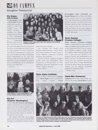 On Campus: Imagine Tomorrow: Eta Kappa (UC/Irvine), Fall 1996. On Campus: Imagine Tomorrow: Eta Psi (Eastern Washington), Fall 1996. On Campus: Imagine Tomorrow: Theta Alpha (Linfield), Fall 1996. On Campus: Imagine Tomorrow: Theta Gamma (Truman College), Fall 1996. On Campus: Imagine Tomorrow: Theta Rho (Cameron), Fall 1996