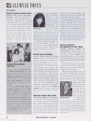 Alumnae Focus: People: Alumnae Cooks Up New Book. Alumnae Focus: People: Former Roommates Bunk Up. Alumnae Focus: People: Beads Lead to Hobby. Alumnae Focus: People: Educator Takes New Post. Alumnae Focus: People: 50-Year Member Recognized for Her Work