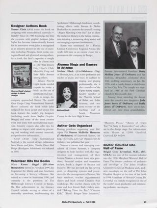 Alumnae Focus: People: Designer Authors Book. Alumnae Focus: People: Volunteer Hits the Books. Alumnae Focus: People: Alumna Sings and Dances in Arizona. Alumnae Focus: People: Author Gets Organized. Alumnae Focus: People: Alexander and Betty Mullins Jones Photograph, Fall 1996. Alumnae Focus: People: Doctor Inducted Into Hall of Fame