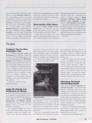 On Campus: Imagine Tomorrow: Theta Rho (Cameron), Fall 1996, Continued. On Campus: Imagine Tomorrow: Theta Upsilon: (CSU/Chico), Fall 1996. On Campus: People: Freshman Vies for Miss Washington Title. On Campus: People: Alpha Phi Attends U.N. Conference on Women. On Campus: People: Nebraskan Phi Heads Cheerleading Squad
