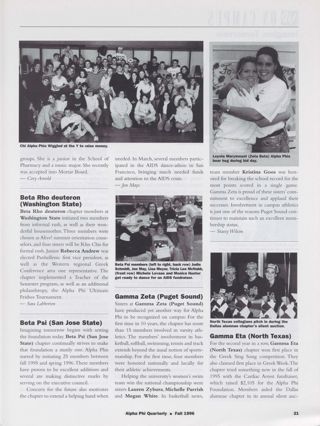 On Campus: Imagine Tomorrow: Chi (Montana), Fall 1996, Continued. On Campus: Imagine Tomorrow: Beta Rho Deuteron (Washington State), Fall 1996. On Campus: Imagine Tomorrow: Beta Psi (San Jose State), Fall 1996. On Campus: Imagine Tomorrow: Gamma Zeta (Puget Sound), Fall 1996. On Campus: Imagine Tomorrow: Two Zeta Beta Chapter Members on Bid Day Photograph, Fall 1996. On Campus: Imagine Tomorrow: Gamma Eta (North Texas), Fall 1996