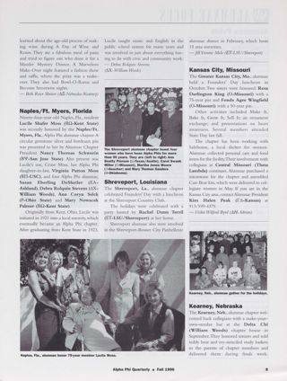 Alumnae Focus: Alumnae Pride: Denver, Colorado, Fall 1996, Continued. Alumnae Focus: Alumnae Pride: Naples/Ft. Myers, Florida, Fall 1996. Alumnae Focus: Alumnae Pride: Shreveport, Louisiana, Fall 1996. Alumnae Focus: Alumnae Pride: Kansas City, Missouri, Fall 1996. Alumnae Focus: Alumnae Pride: Kearney, Nebraska, Fall 1996