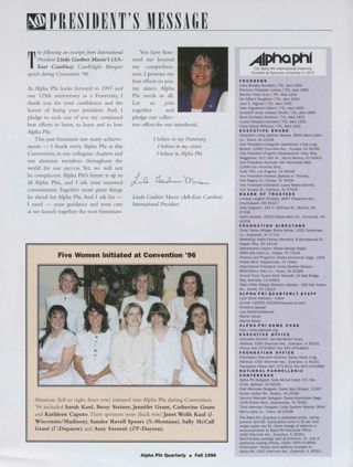 President's Message, Fall 1996. Five Women Initiated at Convention '96 Photograph, Fall 1996. The Alpha Phi International Fraternity Directory, Fall 1996