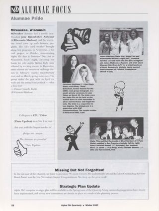 Alumnae Focus: Alumnae Pride: Milwaukee, Wisconsin, Winter 1997. Alumnae Focus: Alpha Phi Weddings Photographs, Winter 1997. Collegians at CSU/Chico (Theta Upsilon) Were No. 1.... Missing But Not Forgotten. Strategic Plan Update, Winter 1997