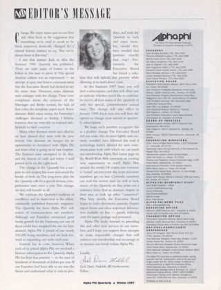 Editor's Message, Winter 1997. The Alpha Phi International Fraternity Directory, Winter 1997
