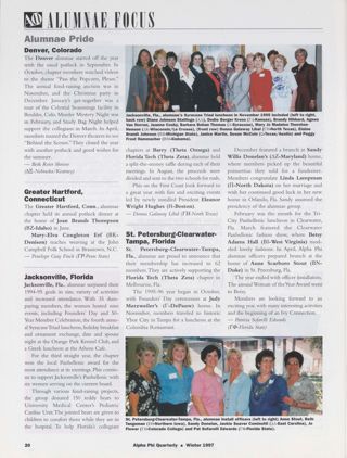 Alumnae Focus: Alumnae Pride: Denver, Colorado, Winter 1997. Alumnae Focus: Alumnae Pride: Greater Hartford, Connecticut, Winter 1997. Alumnae Focus: Alumnae Pride: Jacksonville, Florida, Winter 1997. Alumnae Focus: Alumnae Pride: St. Petersburg-Clearwater-Tampa, Florida, Winter 1997