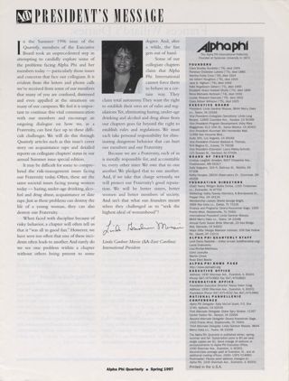 President Message, Spring 1997. The Alpha Phi International Fraternity Directory, Spring 1997