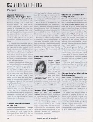 Alumnae Focus: People: Alumna Champions Women's Civil Rights Case. Alumnae Focus: People: Alumna Named Volunteer of the Year. Alumnae Focus: People: Keep an Eye Out for Delores. Alumnae Focus: People: Woman Wins Presidency. Alumnae Focus: People: Fifty Years Qualifies ISU Family of Year. Alumnae Focus: People: Former Beta Tau Worked on Dole Campaign