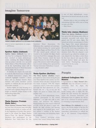 On Campus: Imagine Tomorrow: Delta Rho (Ball State), Spring 1997, Continued. On Campus: Imagine Tomorrow: Epsilon Alpha (Ashland), Spring 1997. On Campus: Imagine Tomorrow: Theta Gamma (Truman State Univ.), Spring 1997. On Campus: Imagine Tomorrow: Theta Epsilon (Buffalo), Spring 1997. On Campus: Imagine Tomorrow: Theta Iota (James Madison), Spring 1997. On Campus: People: Ashland Collegians Win Honors
