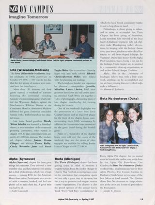 On Campus: Imagine Tomorrow: Iota (Wisconsin-Madison), Spring 1997. On Campus: Imagine Tomorrow: Alpha (Syracuse), Spring 1997. On Campus: Imagine Tomorrow: Theta (Michigan), Spring 1997. On Campus: Imagine Tomorrow: Beta Nu Deuteron (Duke), Spring 1997