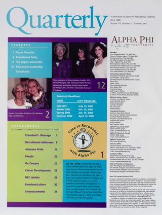 Alpha Phi Quarterly, Vol. 113, No. 3, Summer 2001 Table of Contents