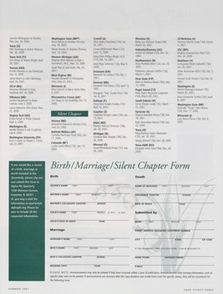 Announcements: Marriages, Summer 2001, Continued. Announcements: Silent Chapter, Summer 2001. Birth/Marriage/Silent Chapter Form, Summer 2001